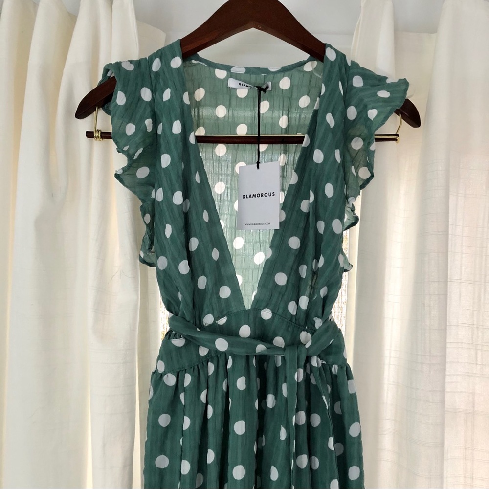 Asos glamorous green polka dot deep v dress UK6